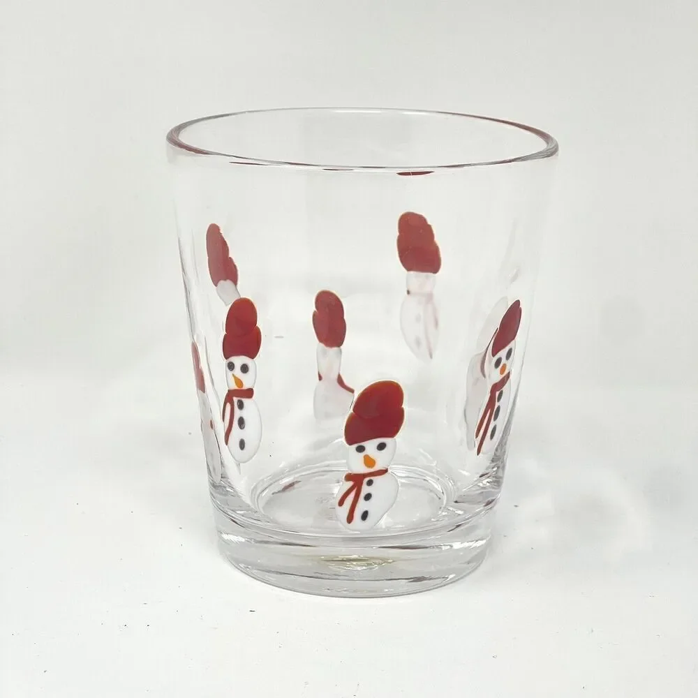 Crate & Barrel Handblown Snowman Fused Glass Tumbler Double Old Fashioned